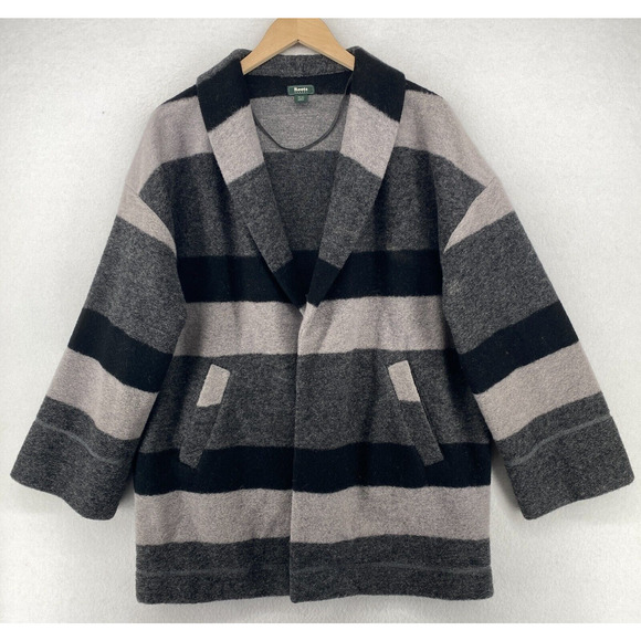 ROOTS CANADA Cardigan Womens M Boiled Wool Blend Striped Open Front Gray Black - Picture 2 of 12